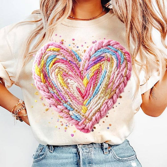 Faux Yarn Crochet Valentines Day Heart Shirt
