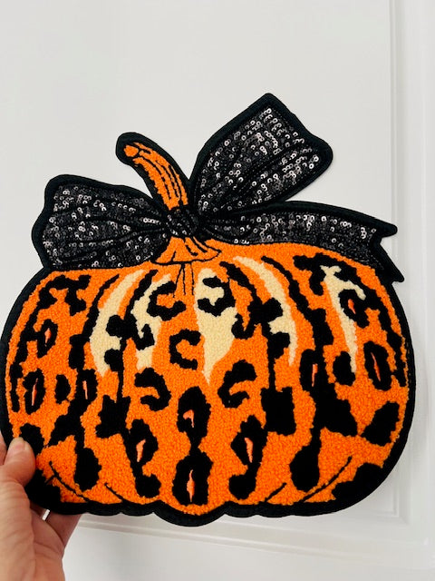 Leopard Chenille Pumpkin Sequin Bow Patch